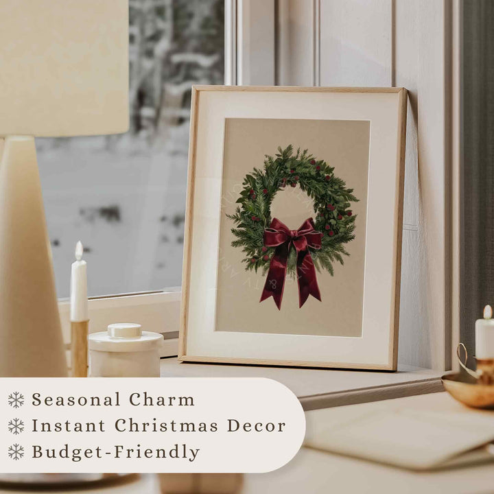 Christmas Wall Art Vintage Style Wreath Painting Tree Print Holiday Decor Sketch W161