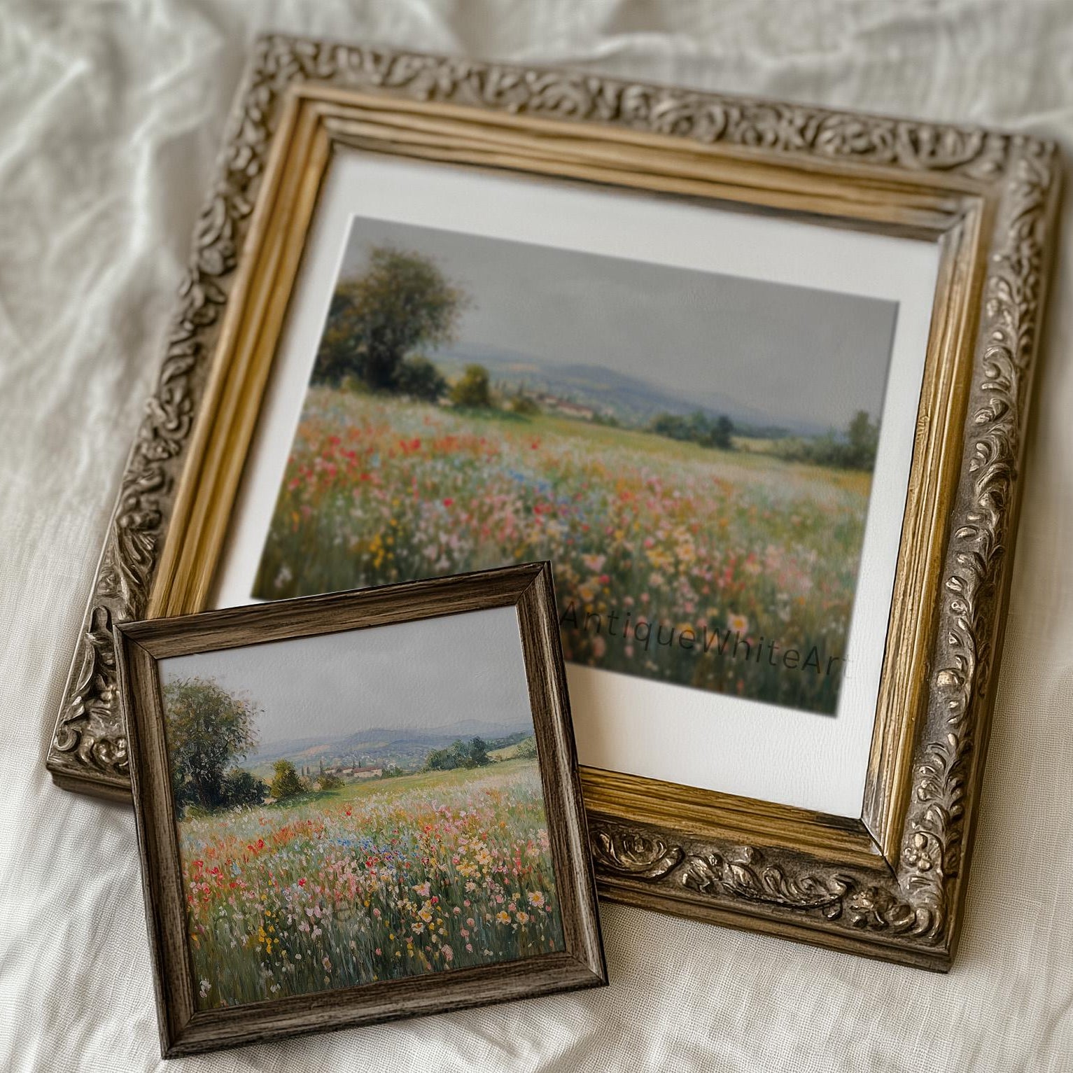 Spring Wildflowers Wall Art Colorful Field Print Neutral Landscape Painting Antique White A404