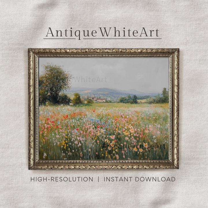 Spring Wildflowers Wall Art Colorful Field Print Neutral Landscape Painting Antique White A404