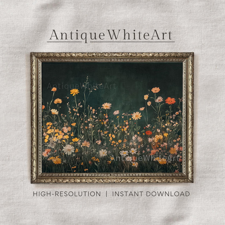 Spring Dark Wildflowers Wall Art Moody Navy Flowers Painting Country Floral Botanical Prints Downoad A405 Print