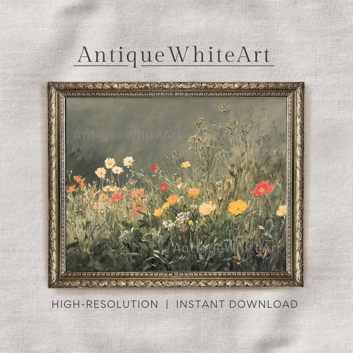 Moody Wall Art Spring Wildflowers Painting Dark Country Floral Botanical Prints Downoad Antique White A406 Print