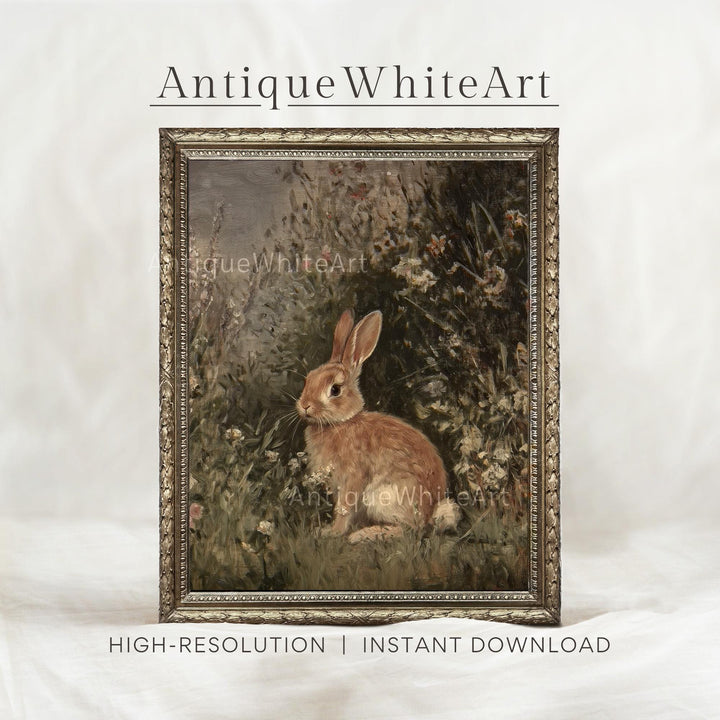 Dark Easter Print Rabbit in Wildflowers Moody Vintage Style Style Wall Art Rustic Country Farmhouse Spring Decor A418