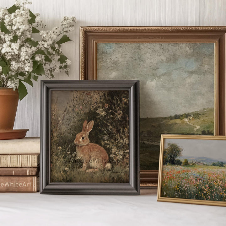 Dark Easter Print Rabbit in Wildflowers Moody Vintage Style Style Wall Art Rustic Country Farmhouse Spring Decor A418