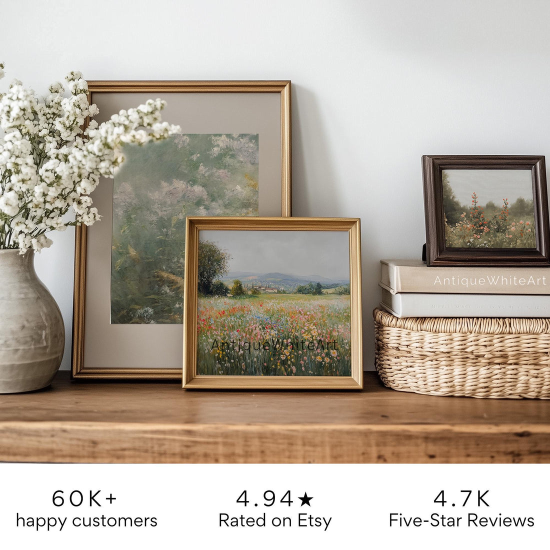 Spring Wildflowers Wall Art Colorful Field Print Neutral Landscape Painting Antique White A404