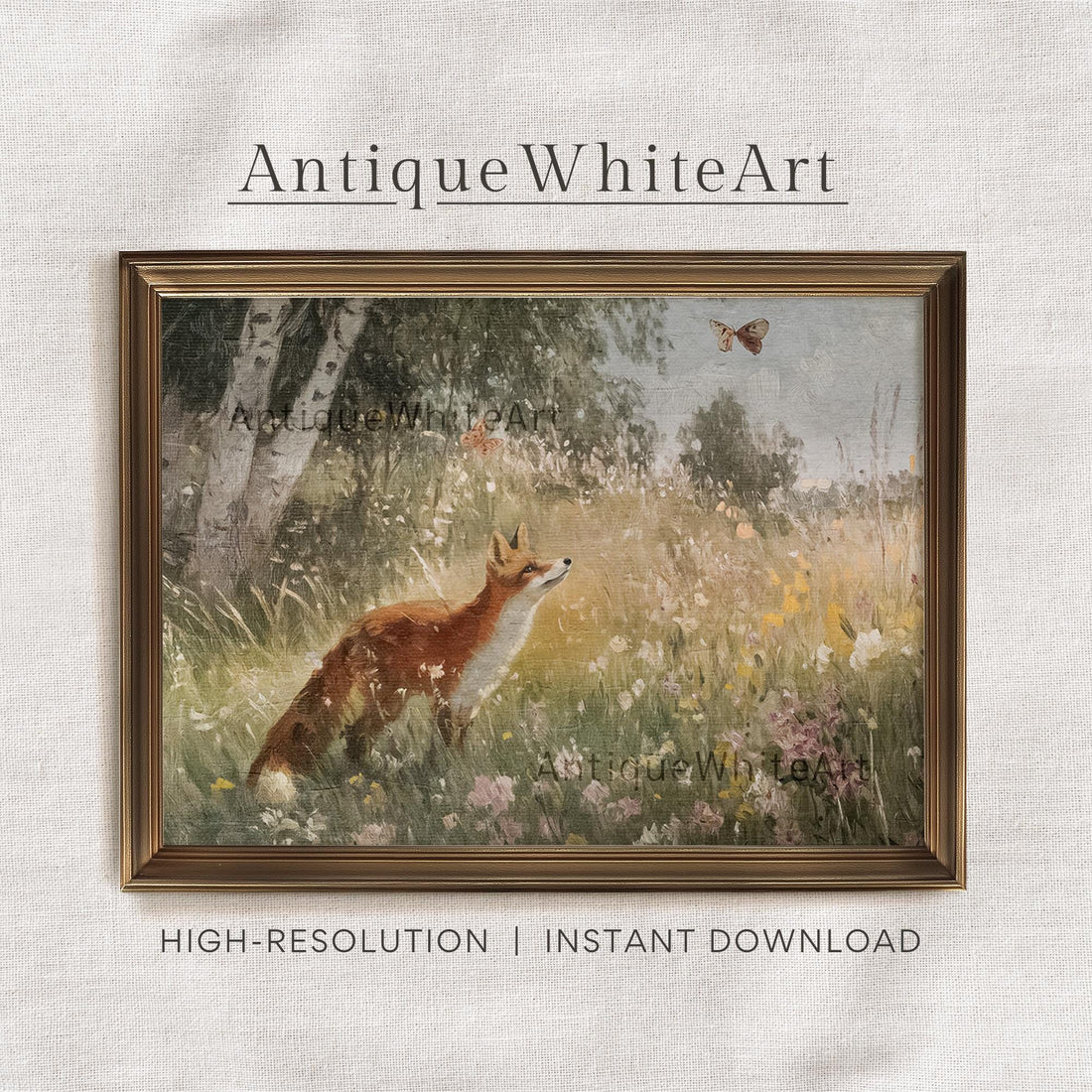 Easter Wall Art Spring Landscape Painting Print Fox Among Wildflowers Home Decor A402