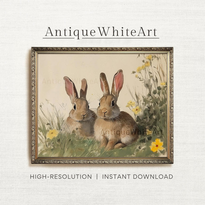 Easter Muted Print Rabbits among Wildflowers Vintage Style Style Wall Art Country Rustic Farmhouse Spring Decor A417