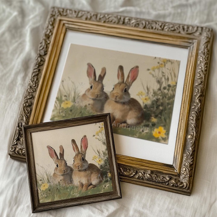 Easter Muted Print Rabbits among Wildflowers Vintage Style Style Wall Art Country Rustic Farmhouse Spring Decor A417