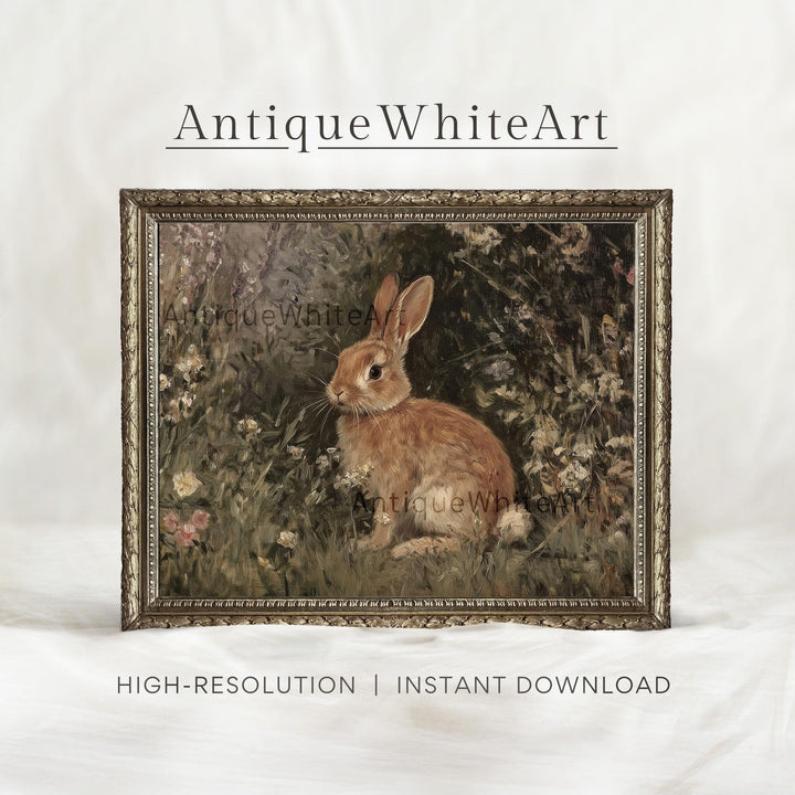 Dark Easter Print Rabbit in Wildflowers Moody Vintage Style Style Wall Art Rustic Country Farmhouse Spring Decor A416