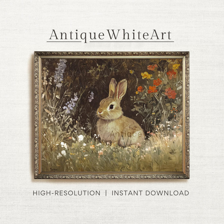 Rabbit in Wildflowers Dark Easter Print Moody Vintage Style Style Wall Art Rustic Country Farmhouse Spring Decor A422