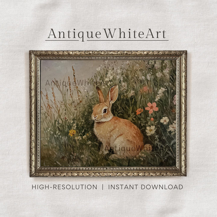 Easter Wall Art Moody Bunny Print Dark Wildflowers Vintage Style Style Rustic Country Spring Decor Prints A424