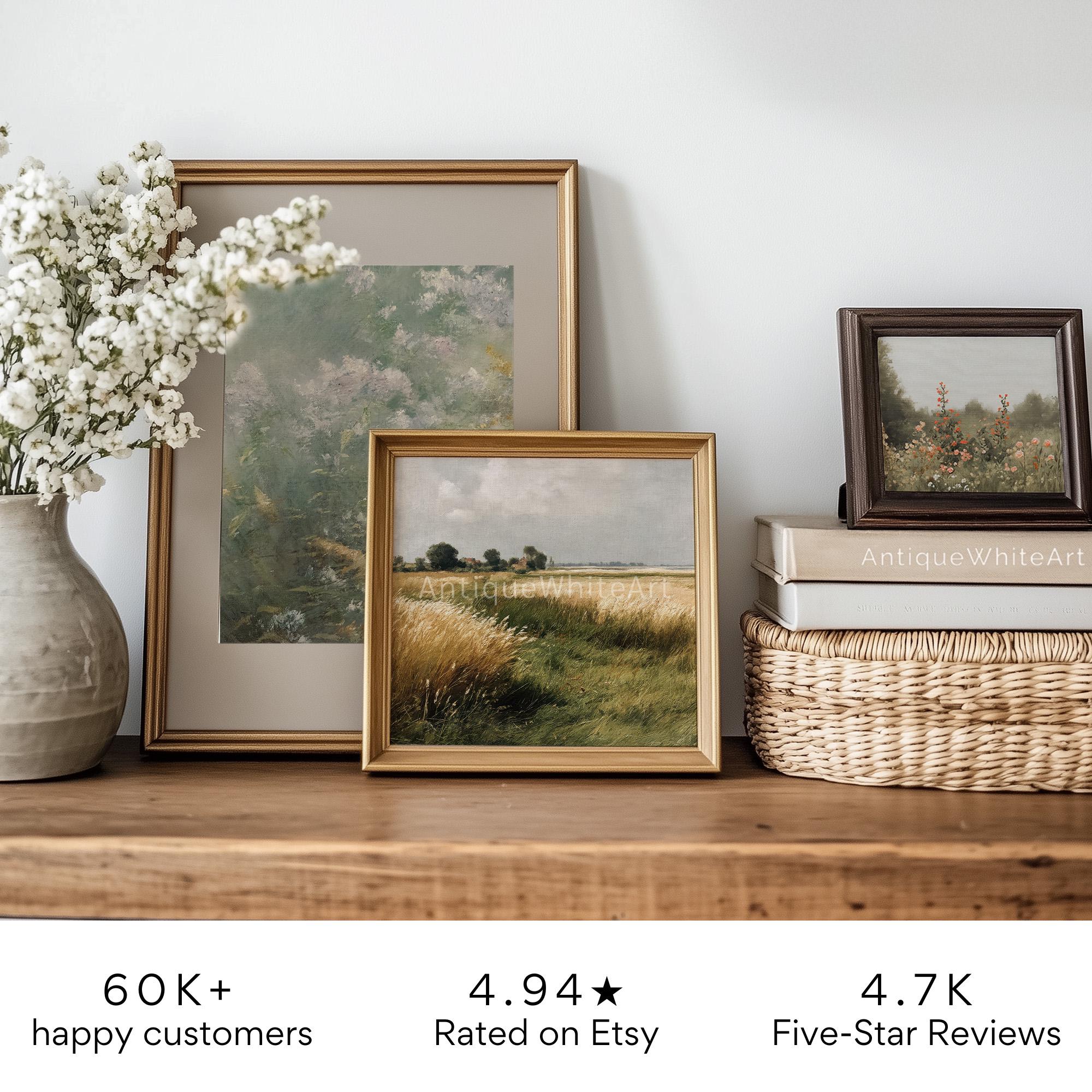 Country Field Painting Vintage Style Summer Countryside Wall Art Wildflower Landscape Antique White A432 Print