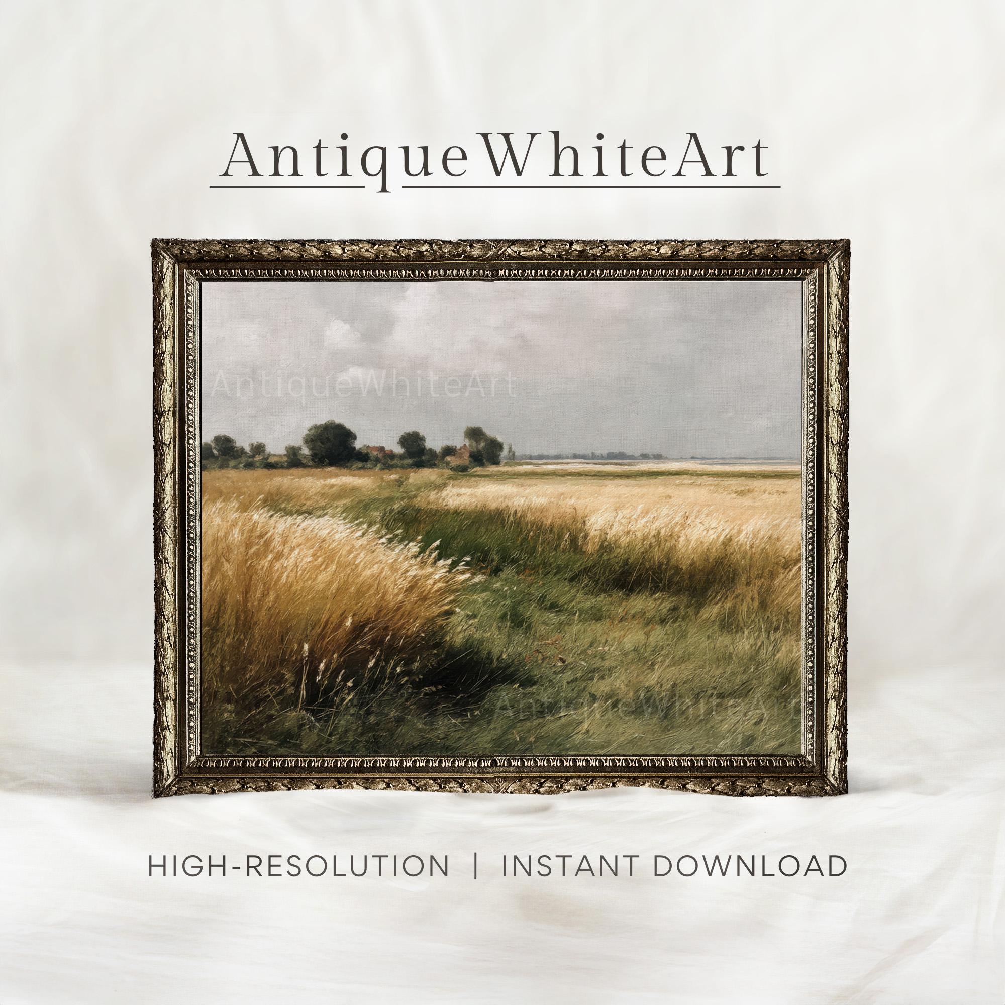 Country Field Painting Vintage Style Summer Countryside Wall Art Wildflower Landscape Antique White A432 Print