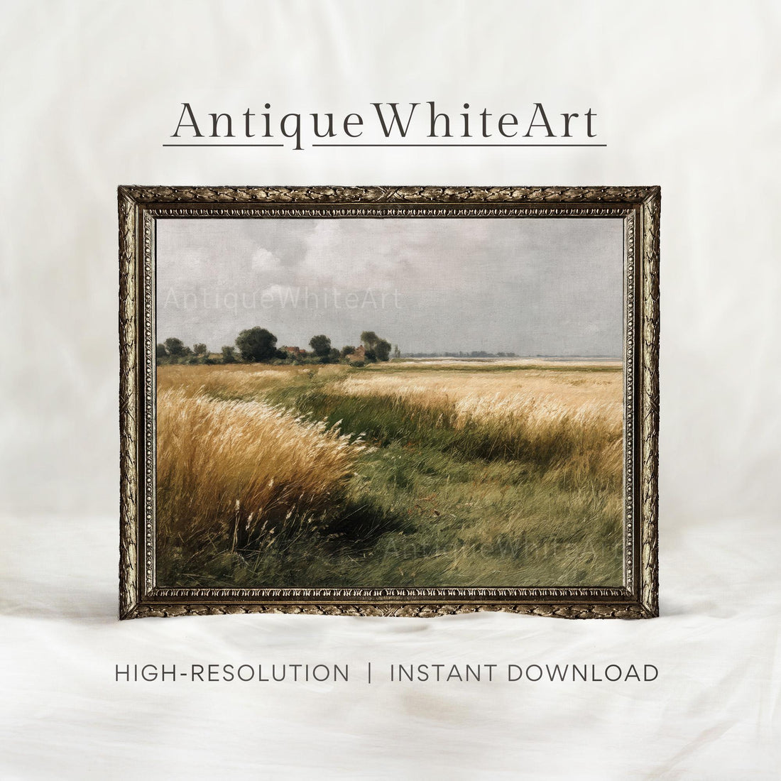 Country Field Painting Vintage Style Summer Countryside Wall Art Wildflower Landscape Antique White A432 Print