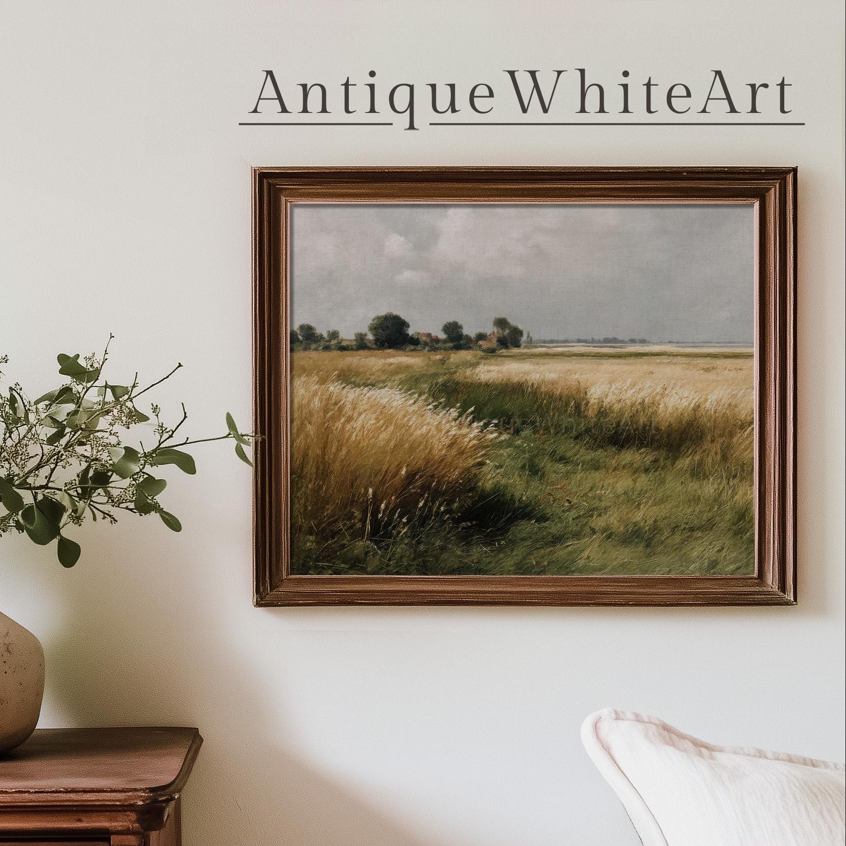 Country Field Painting Vintage Style Summer Countryside Wall Art Wildflower Landscape Antique White A432 Print