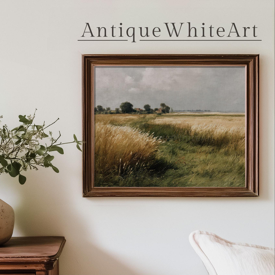 Country Field Painting Vintage Style Summer Countryside Wall Art Wildflower Landscape Antique White A432 Print