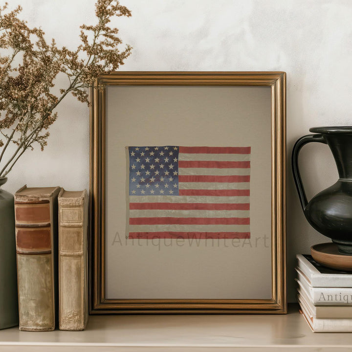 American Flag Painting Vintage Style Independence Day Art 4th of July Print Patriotic Americana Wall Decor Antique White A438