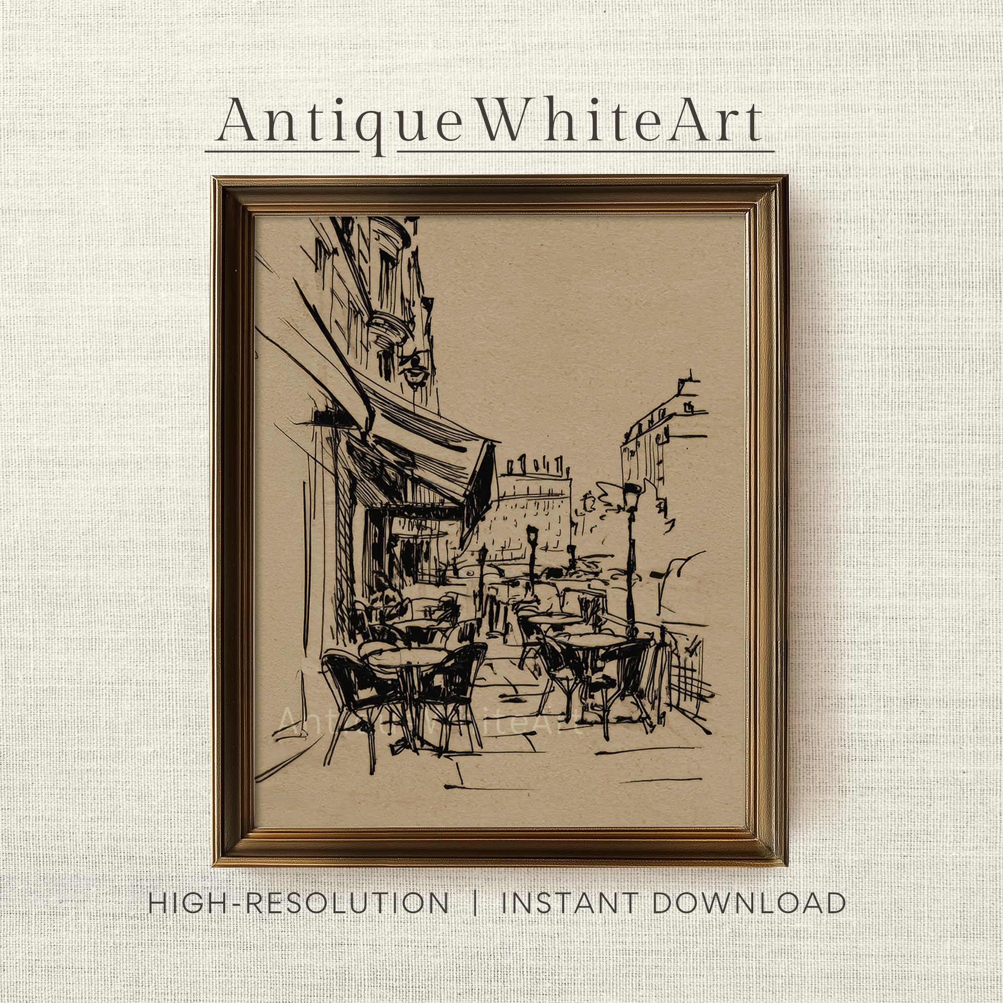 Wall Art Parisian Cafe Sketch Vintage Style Paris Neutral French Prints Minimalist Drawing A441 Print