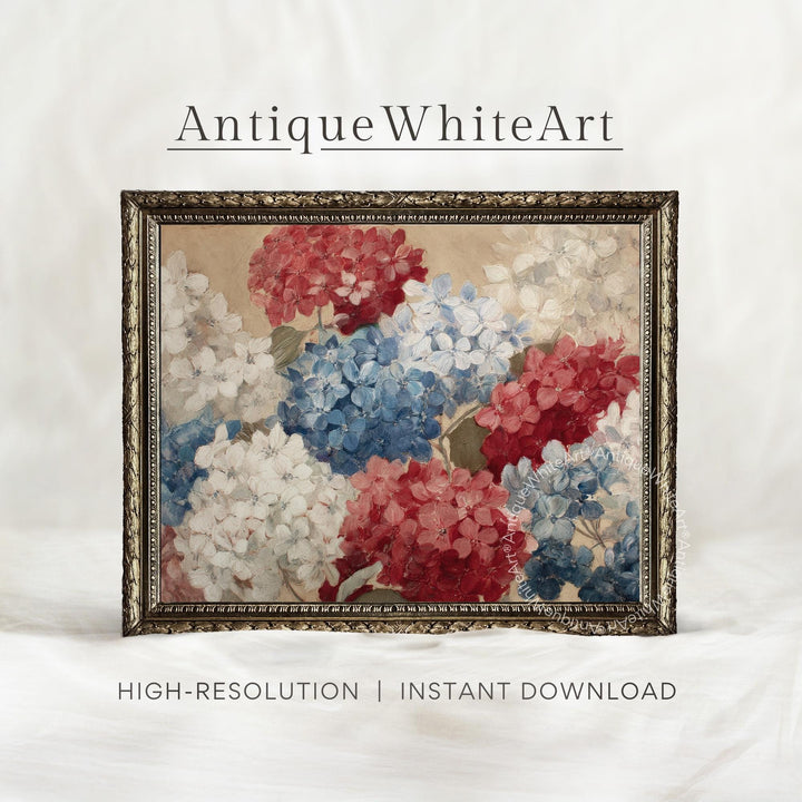 4th of July Wall Art Floral Oil Painting Print Americana Decor Independence Day Vintage Style A442