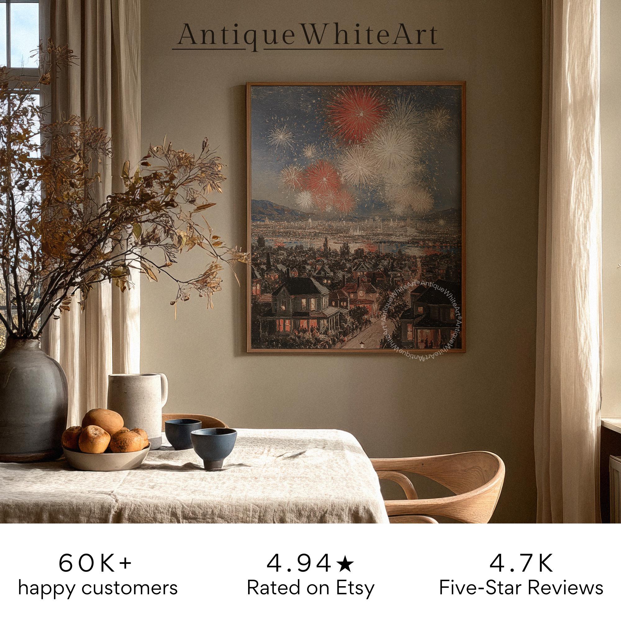 4th of July Print Independence Day Fireworks Art Red White Blue Patriotic Farmhouse Wall USA A462