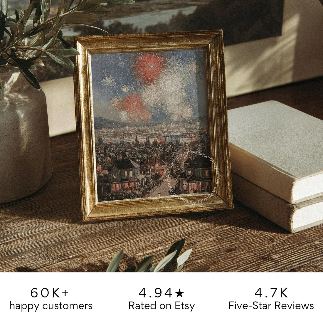 4th of July Print Independence Day Fireworks Art Red White Blue Patriotic Farmhouse Wall USA A462