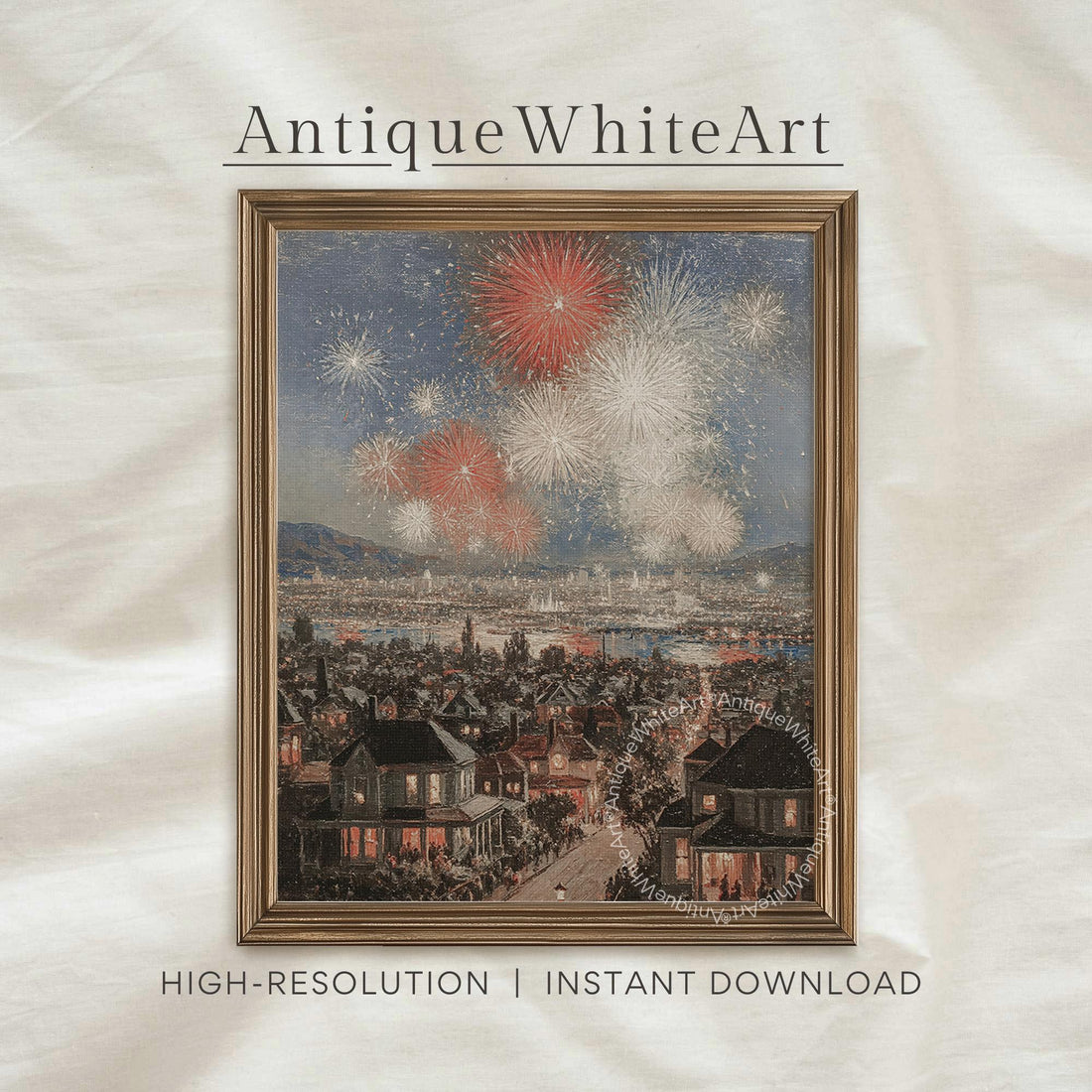 4th of July Print Independence Day Fireworks Art Red White Blue Patriotic Farmhouse Wall USA A462