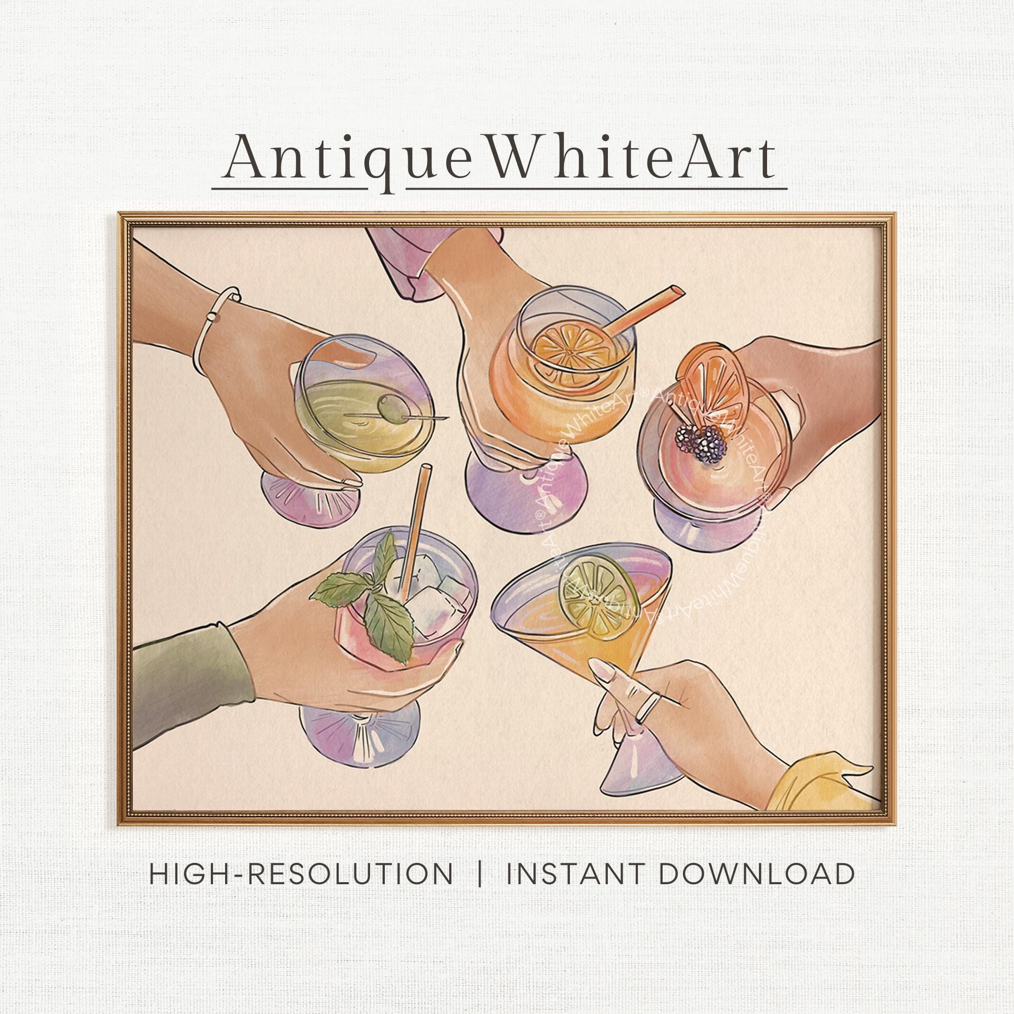 Cheers Print Bar Cart Hand-drawn Wall Art Drinks Trendy Kitchen Cocktail A449