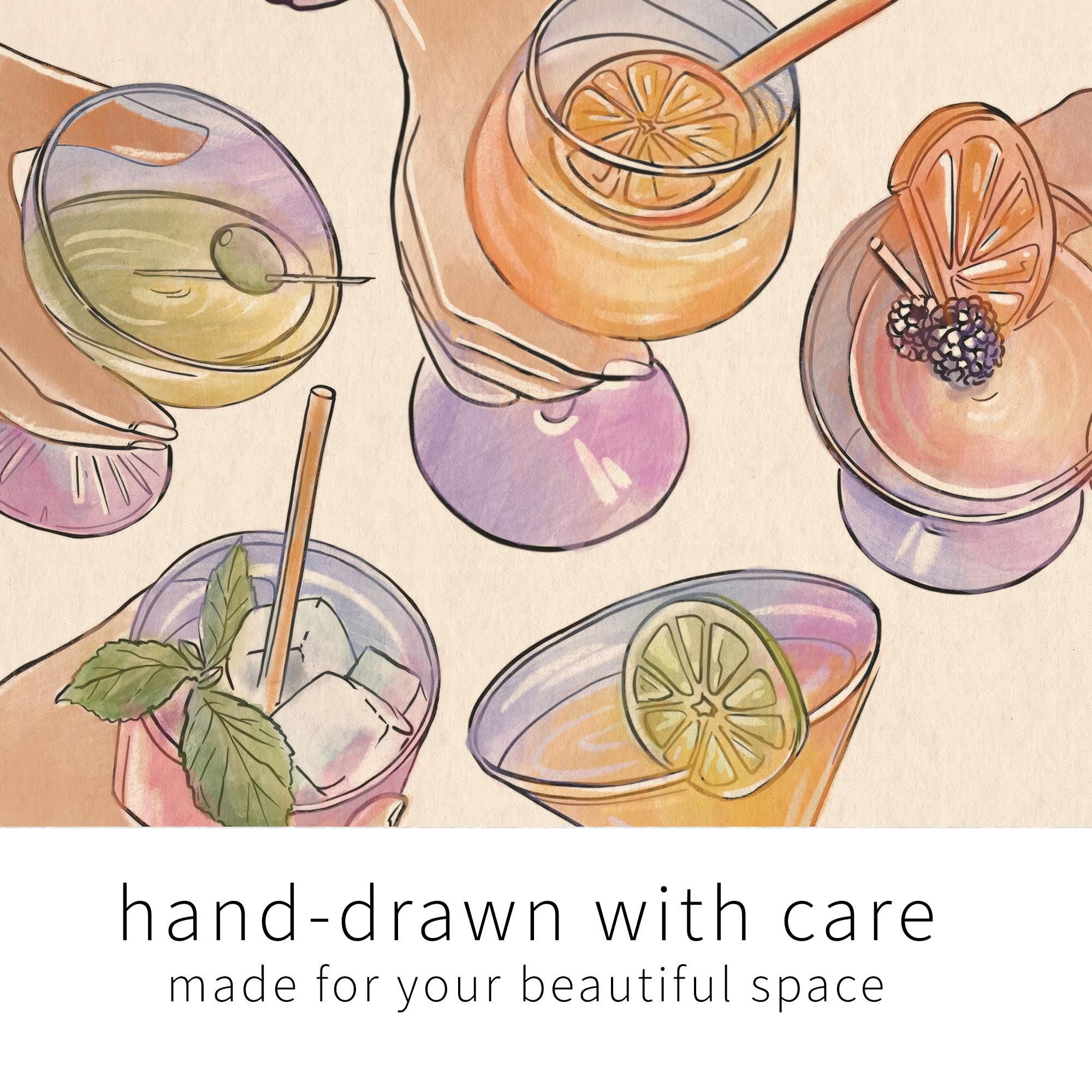 Cheers Print Bar Cart Hand-drawn Wall Art Drinks Trendy Kitchen Cocktail A449