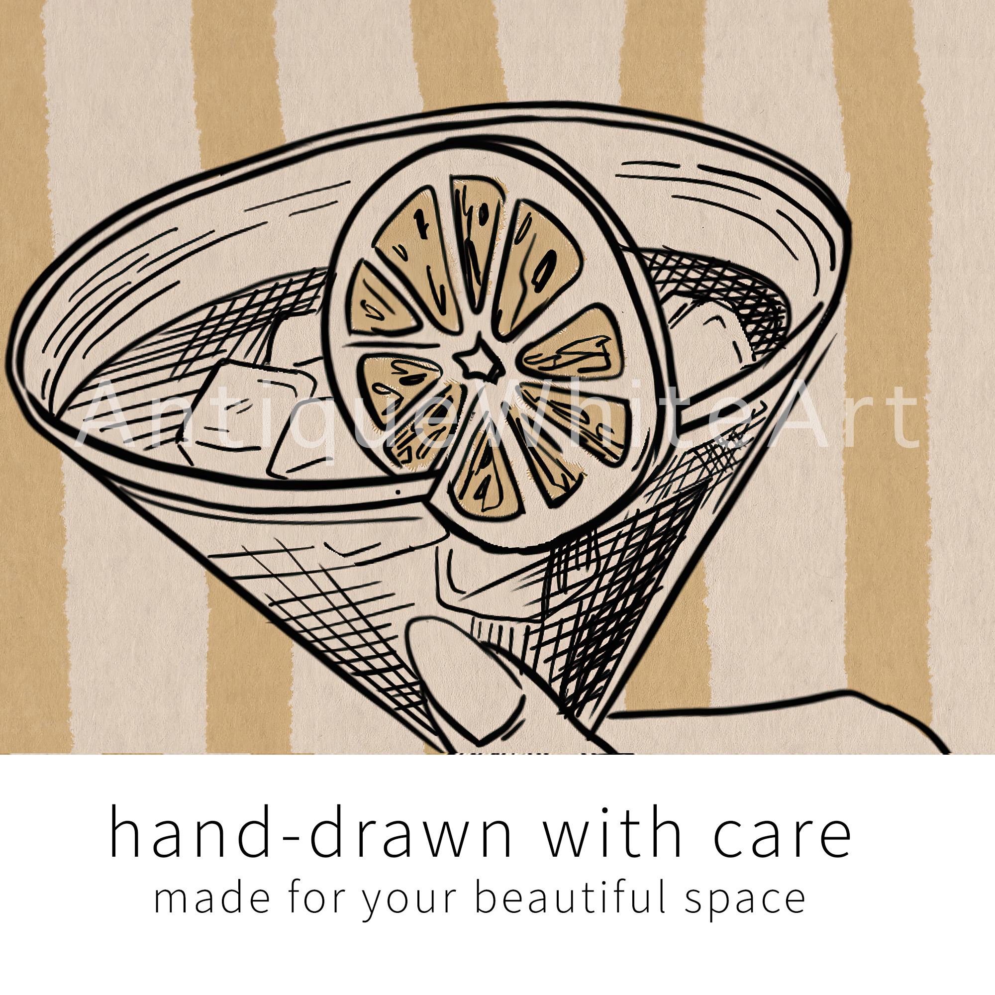 Martini Glass Print Bar Cart Wall Decor Stripes Kitchen Hand-drawn Art Retro Cocktail Poster Trendy A450