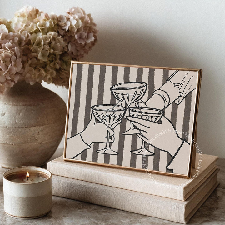 Cheers Print Retro Bar Cart Hand-Drawn Wall Art Trendy Kitchen Cocktail Champagne Poster A452