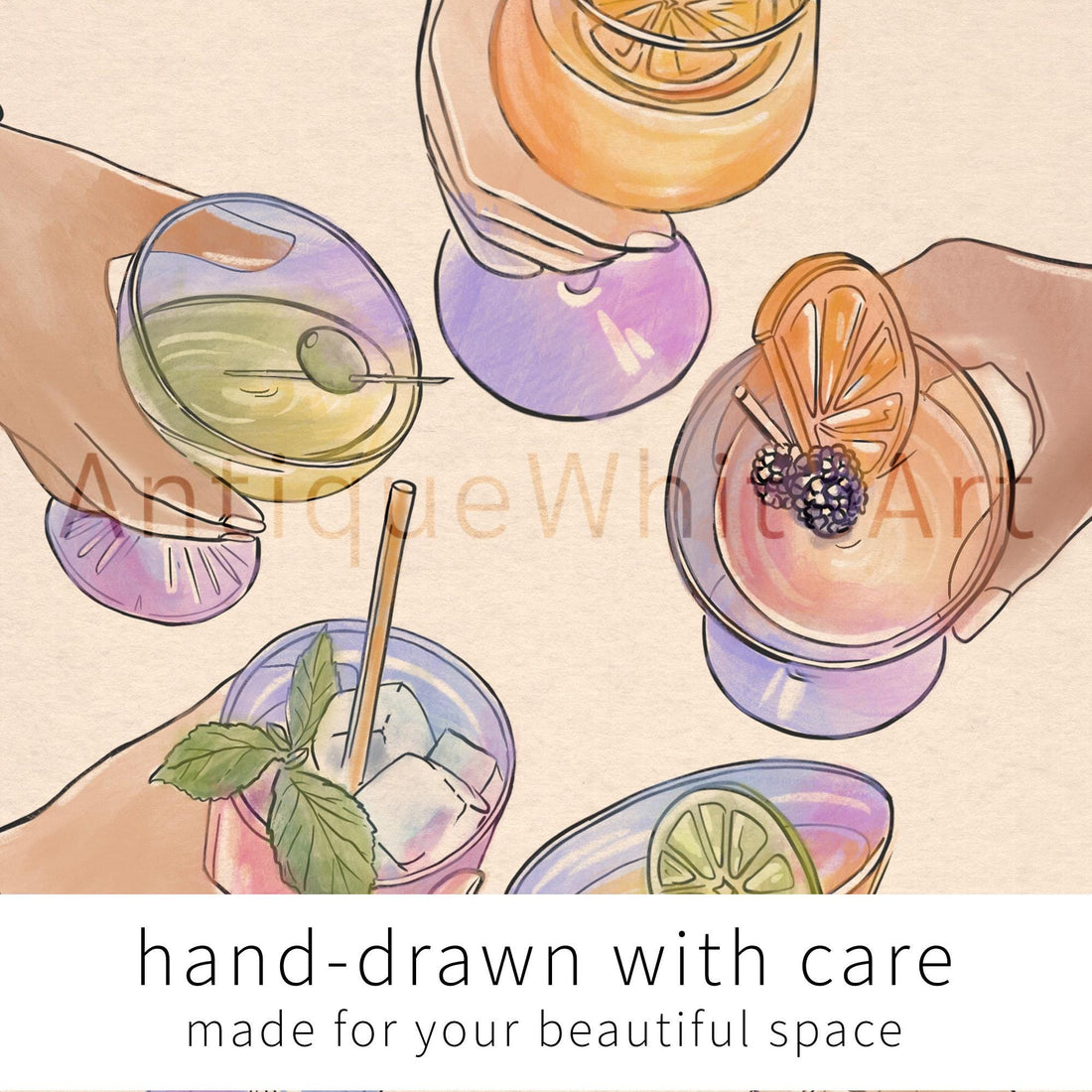 Cheers Print Bar Cart Decor Hand-Drawn Wall Art Modern Sign A455