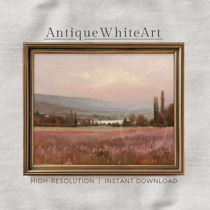 Neutral Fall Print Cottagecore Landscape Painting Vintage Style Wall Art Decor Burgundy Wildflower Field A466