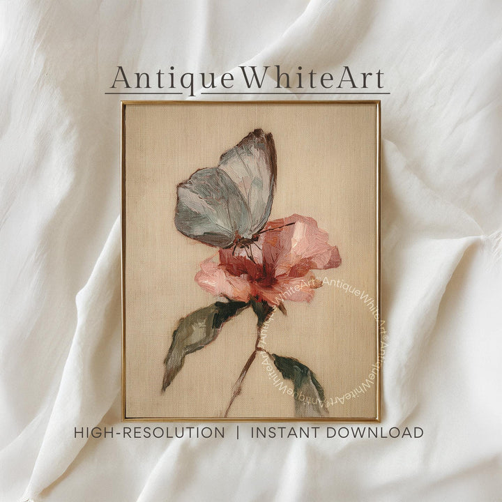 Vintage Style Butterfly Painting Print Cottagecore Wall Art Floral Nursery Biege Decor A467