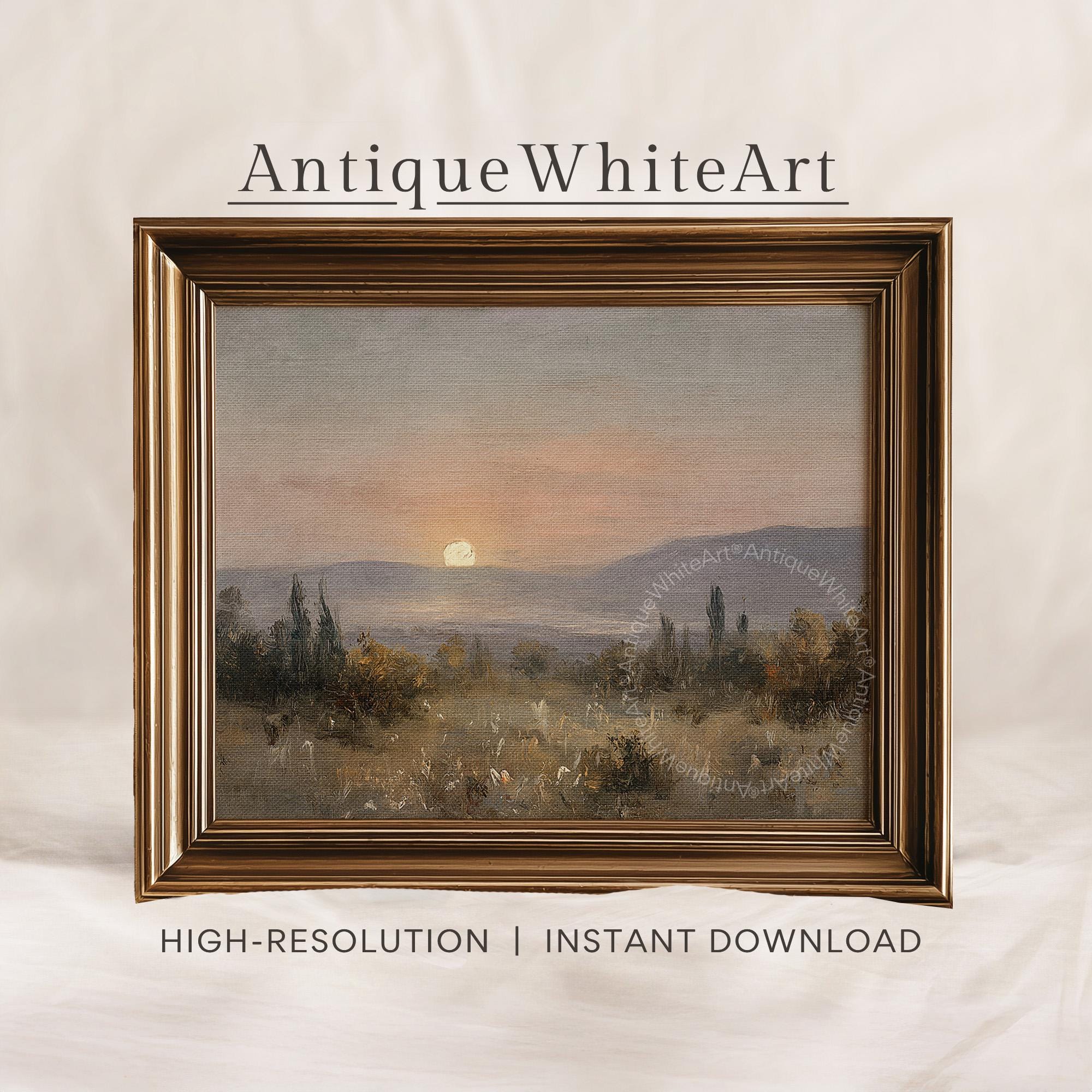 Fall Sunset Wall Art Vintage Style Prints Muted Autumn Print Country Landscape Painting Neutral A476