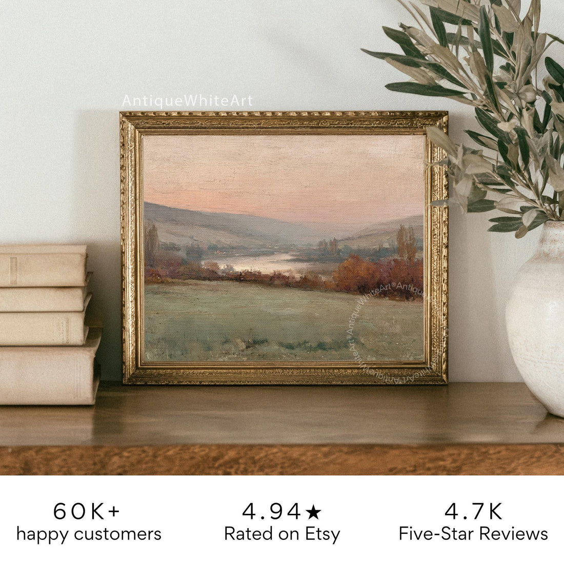 Vintage Style Fall Wall Art Muted Country Landscape Print Autumn Oil Painting Sunset AntiqueWhiteArt A465