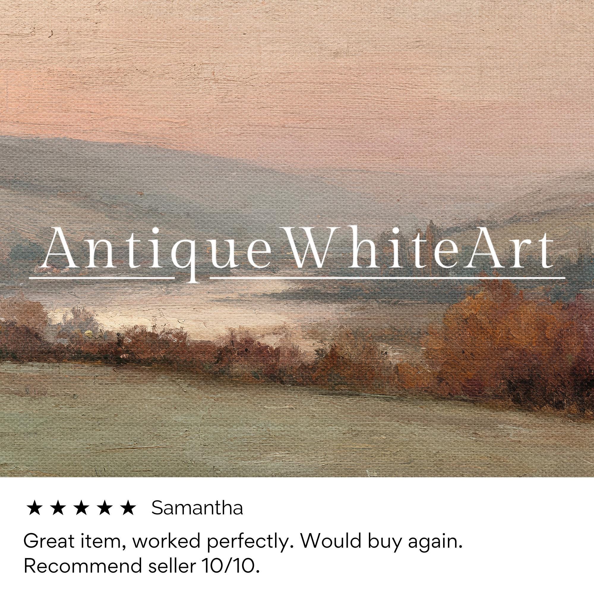 Vintage Style Fall Wall Art Muted Country Landscape Print Autumn Oil Painting Sunset AntiqueWhiteArt A465