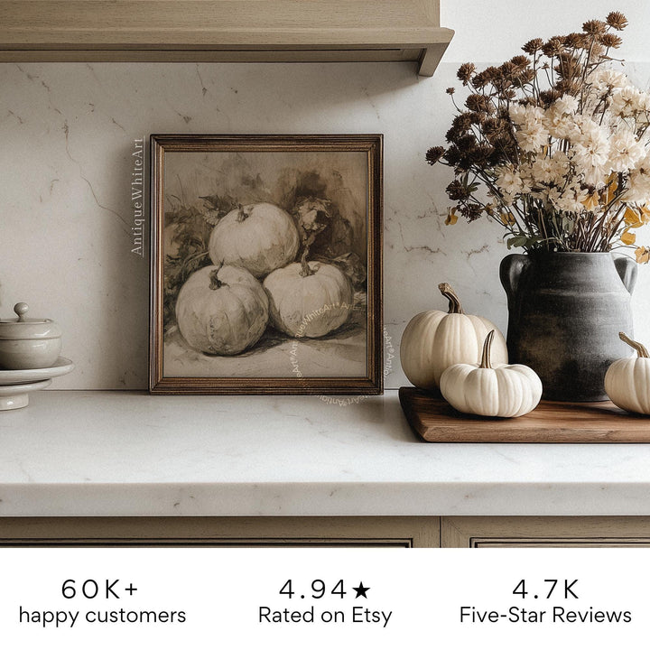 Pumpkin Sketch Print Vintage Style Neutral Fall Wall Art Rustic Still Life Beige Halloween Decor Drawing A482