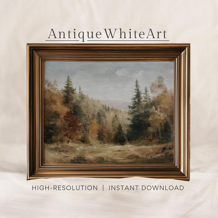 Fall Print Muted Forest Landscape Painting Farmhouse Decor Vintage Style Prints Autumn A474 Wall Art