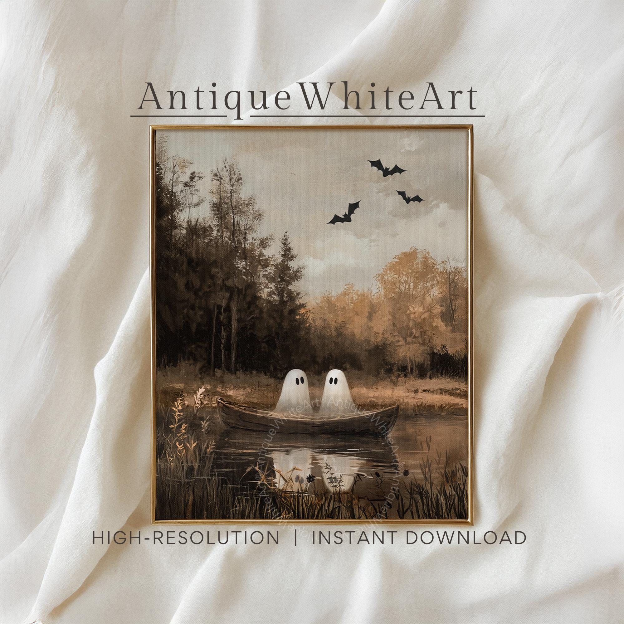 Cute Ghosts in a Boat Wall Art Halloween Print Autumn Painting Spooky Ghost Moody Fall Decor A487