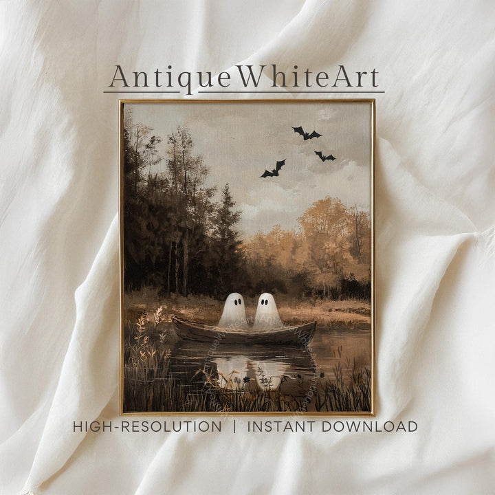 Cute Ghosts in a Boat Wall Art Halloween Print Autumn Painting Spooky Ghost Moody Fall Decor A487
