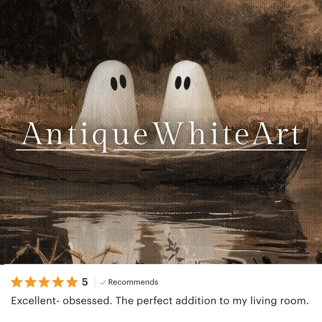 Cute Ghosts in a Boat Wall Art Halloween Print Autumn Painting Spooky Ghost Moody Fall Decor A487