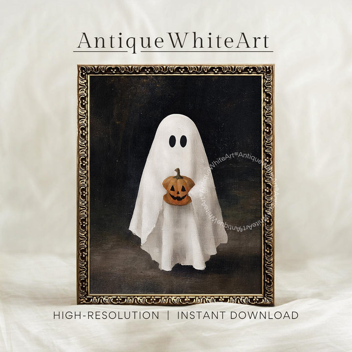 Halloween Wall Art Cute Ghost Holding Pumpkin Painting Spooky Prints Decor Downloadable A488 Print