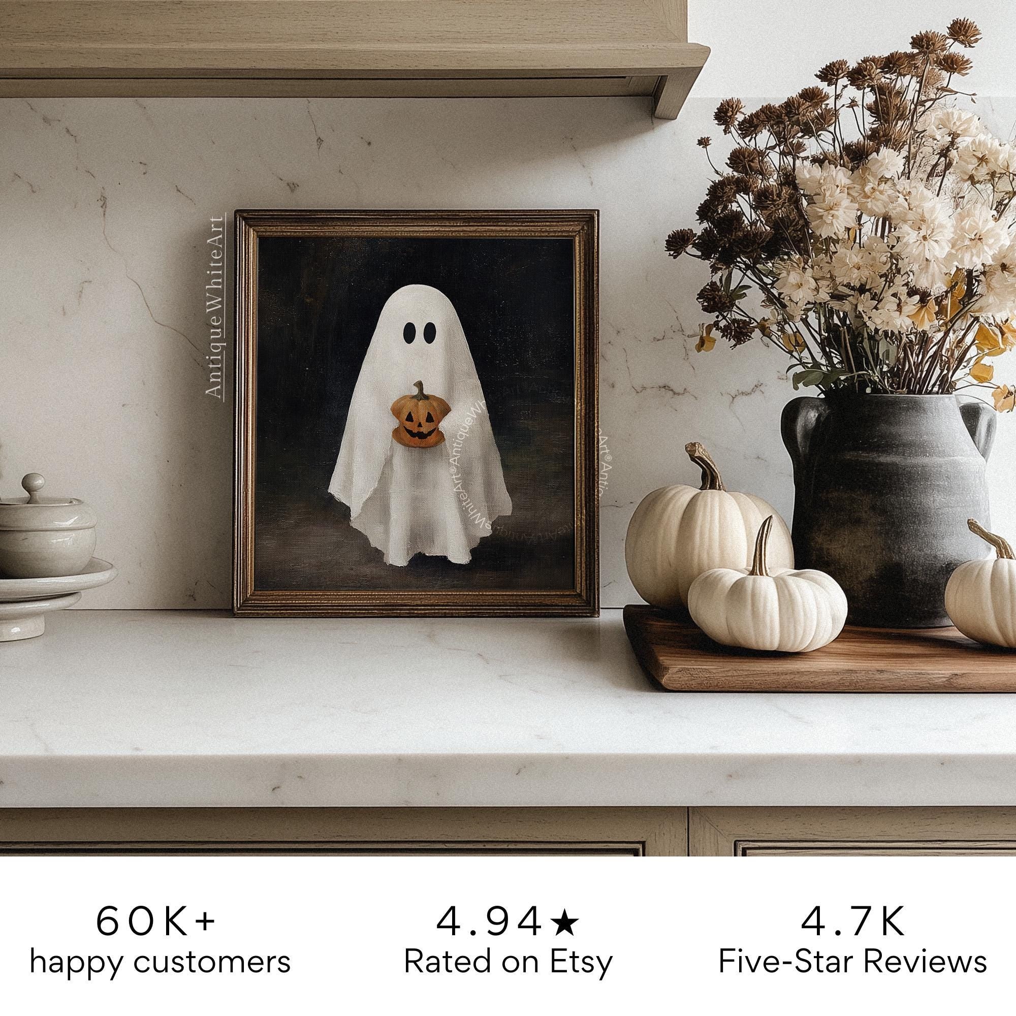 Halloween Wall Art Cute Ghost Holding Pumpkin Painting Spooky Prints Decor Downloadable A488 Print