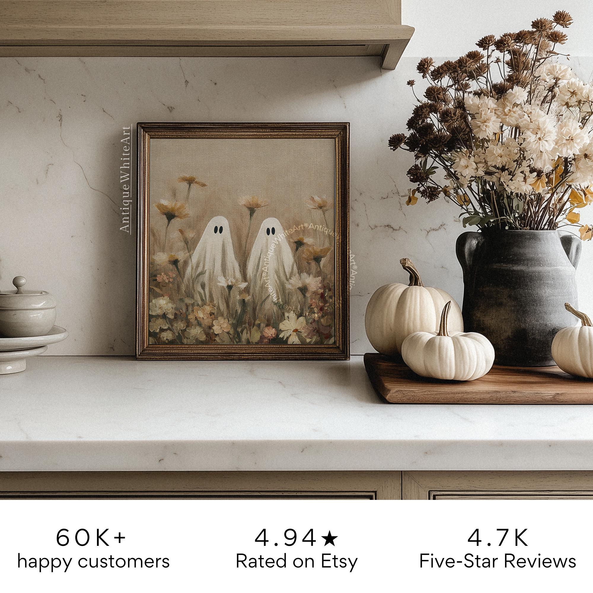 Ghosts in a Wildflower Field Neutral Halloween Wall Art Vintage Style Print Spooky Fall Painting Moody Prints A489