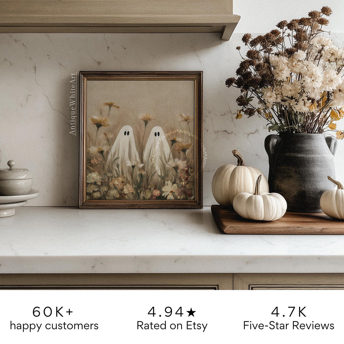 Ghosts in a Wildflower Field Neutral Halloween Wall Art Vintage Style Print Spooky Fall Painting Moody Prints A489