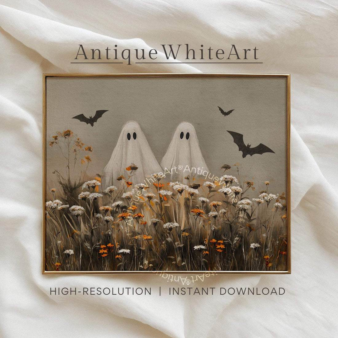 Ghosts in a Wildflower Field Neutral Halloween Wall Art Vintage Style Print Spooky Fall Painting Moody Prints A506