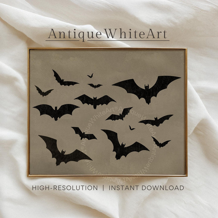 Vintage Style Halloween Wall Art Neutral Fall Bat Prints Beige Spooky Home Decor A510 Print