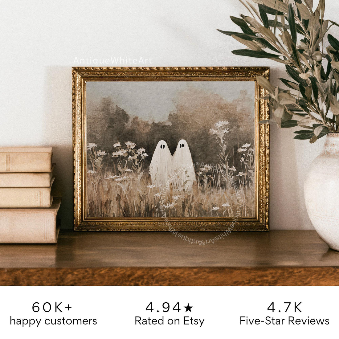 Ghosts in a Wildflower Field Neutral Halloween Wall Art Vintage Style Print Spooky Fall Painting Moody Prints A505