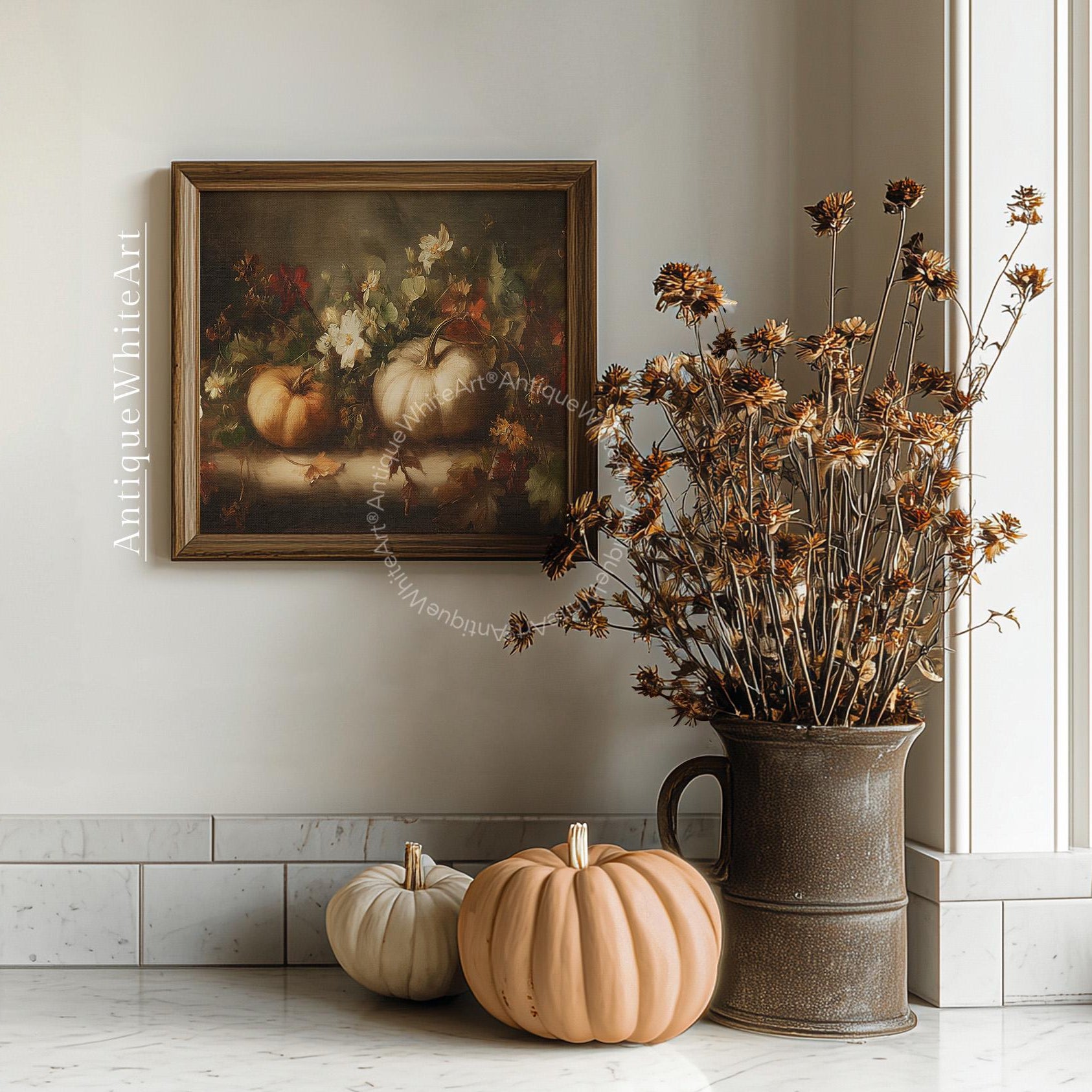 Pumpkin Wall Art Moody Fall Print Autumn Floral Painting Dark Rustic Seasonal Decor A501