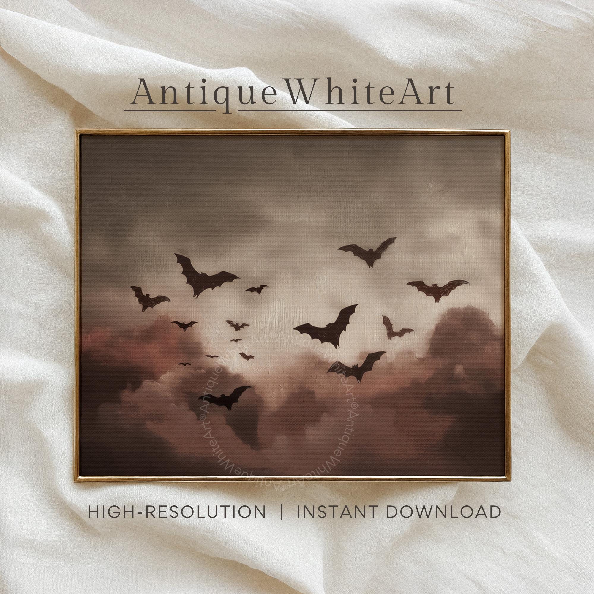 Bat Wall Art Burgundy Clouds Eerie Painting Spooky Vintage Style Halloween Prints A498 Print