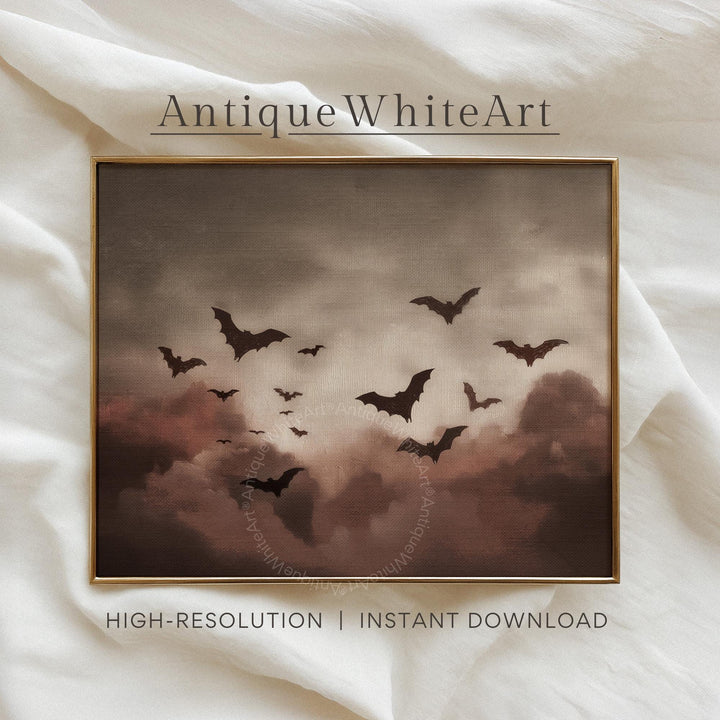 Bat Wall Art Burgundy Clouds Eerie Painting Spooky Vintage Style Halloween Prints A498 Print